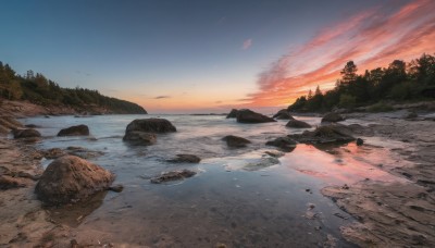 outdoors,sky,cloud,water,tree,blue sky,no humans,cloudy sky,nature,scenery,forest,reflection,sunset,rock,mountain,river,evening,landscape,gradient sky,orange sky,ocean,beach,sand,horizon,bush,twilight,shore