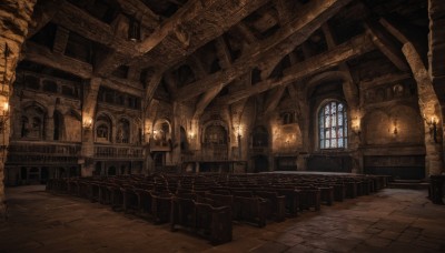 indoors,no humans,window,sunlight,building,scenery,lantern,stairs,fantasy,door,railing,light,candle,architecture,bridge,pillar,church,arch,chandelier,sky,day,table,fire,wooden floor,ruins,statue,candlestand,column,stone floor,stone wall