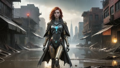 HQ,1girl,solo,long hair,breasts,looking at viewer,blue eyes,brown hair,standing,weapon,red hair,outdoors,sky,cloud,cape,armor,lips,torn clothes,bodysuit,cloudy sky,building,cloak,walking,science fiction,rain,city,realistic,arms at sides,android,joints,mechanical arms,cyborg,robot joints,cyberpunk,short hair,medium hair,orange hair,glowing,facial mark,glowing eyes,reflection,sign,road,ruins,dirty,street,damaged,torn cape