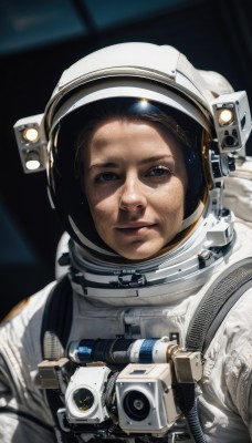 1girl,solo,looking at viewer,blue eyes,brown hair,black hair,1boy,closed mouth,upper body,male focus,blurry,black eyes,blurry background,helmet,freckles,reflection,science fiction,realistic,camera,space,spacesuit,space helmet,astronaut,portrait,planet,dirty,earth (planet),dirty face