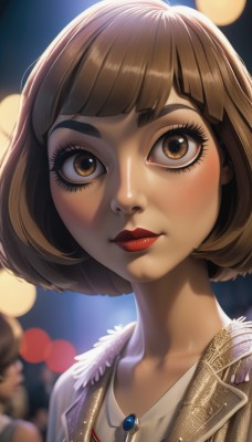 1girl,solo,looking at viewer,short hair,bangs,brown hair,shirt,brown eyes,jewelry,closed mouth,collarbone,jacket,upper body,solo focus,artist name,necklace,blurry,lips,eyelashes,makeup,depth of field,blurry background,bob cut,thick eyebrows,lipstick,portrait,close-up,pendant,nose,red lips,bokeh,mascara,blush,white shirt,blunt bangs,eyeshadow