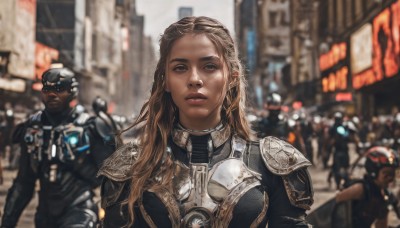 1girl,long hair,looking at viewer,blue eyes,blonde hair,brown hair,upper body,outdoors,parted lips,multiple boys,solo focus,dark skin,armor,blurry,lips,depth of field,blurry background,helmet,shoulder armor,building,motor vehicle,science fiction,pauldrons,breastplate,city,realistic,nose,multiple others,police,police uniform,power armor,soldier,multiple girls,street