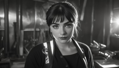 1girl,solo,looking at viewer,short hair,bangs,shirt,closed mouth,jacket,monochrome,upper body,greyscale,earrings,open clothes,artist name,blurry,open jacket,lips,depth of field,blurry background,watermark,freckles,realistic,jewelry,ponytail,outdoors,portrait,nose