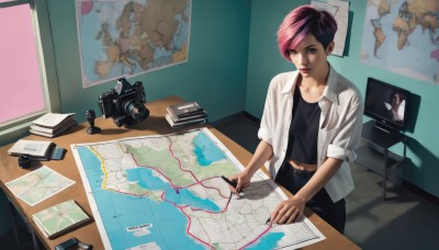 1girl,solo,short hair,shirt,black hair,holding,sitting,white shirt,pink hair,multicolored hair,earrings,open clothes,midriff,belt,pants,indoors,two-tone hair,lips,book,open shirt,dress shirt,chair,table,lipstick,desk,sleeves rolled up,paper,realistic,camera,pen,photo (object),undercut,pencil,drawing,map,navel,brown eyes,closed mouth,standing,collarbone,purple hair,collared shirt,black shirt,window,black pants,nose,very short hair,poster (object),sleeves pushed up