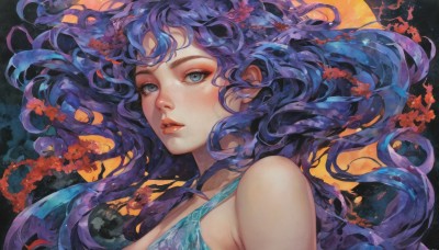 1girl,solo,long hair,breasts,looking at viewer,bangs,blue eyes,bare shoulders,blue hair,upper body,purple hair,flower,parted lips,lips,makeup,floating hair,wavy hair,portrait,red lips,dress,eyelashes,eyeshadow,realistic,nose