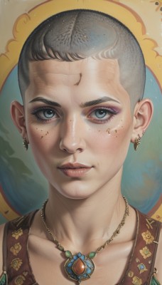 1girl,solo,looking at viewer,smile,short hair,blue eyes,1boy,jewelry,collarbone,grey hair,male focus,earrings,necklace,lips,grey eyes,eyelashes,makeup,piercing,cross,portrait,eyeshadow,freckles,realistic,nose,very short hair,black hair,mole,mole under eye,facial mark