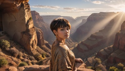 1girl,solo,looking at viewer,short hair,bangs,black hair,brown eyes,jewelry,upper body,earrings,outdoors,parted lips,sky,day,cloud,necklace,black eyes,tree,lips,looking to the side,sunlight,cloudy sky,scenery,light rays,rock,mountain,nose,sun,sunbeam,ruins,landscape,cliff,armor,from side,blue sky,realistic,desert