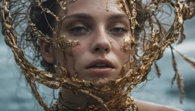 1girl,solo,looking at viewer,short hair,blue eyes,brown hair,black hair,parted lips,blurry,lips,grey eyes,depth of field,blurry background,portrait,freckles,realistic,gold,jewelry,teeth,tree,eyelashes,chain,close-up,nose,branch,gold chain