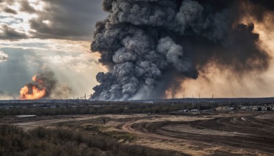 outdoors,sky,day,cloud,no humans,sunlight,cloudy sky,grass,fire,ground vehicle,building,scenery,smoke,light rays,explosion,ruins,bridge,burning,destruction,railroad tracks,water,military,military vehicle,ship