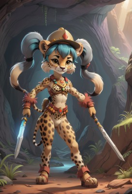 1girl,solo,long hair,breasts,looking at viewer,smile,bangs,hat,navel,holding,animal ears,twintails,brown eyes,jewelry,blue hair,standing,tail,full body,weapon,multicolored hair,small breasts,outdoors,teeth,belt,artist name,necklace,holding weapon,tree,fur trim,watermark,grass,knife,animal print,nature,furry,freckles,dual wielding,anklet,furry female,holding knife,dagger,body fur,animal nose,cowboy hat,snout,leopard print,holding dagger,leopard ears,leopard tail,bare shoulders,closed mouth,yellow eyes,white hair,sidelocks,day,midriff,sword,signature,stomach,armor,flat chest,two-tone hair,:3,holding sword,happy,sunlight,helmet,gem,claws,pouch,light rays,rock,glint,hair tie,white fur,brown fur,multi-tied hair,tribal,shin guards