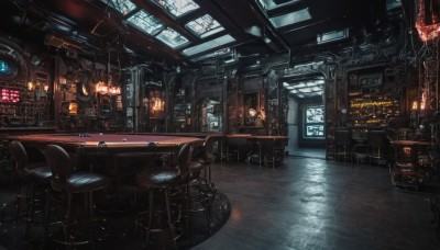 indoors,no humans,window,chair,scenery,science fiction,light,cable,stool,bar (place),lights,cup,table,wooden floor,clock,lamp,dark