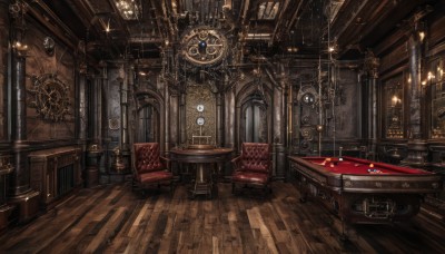 indoors,book,no humans,chair,table,scenery,couch,wooden floor,stairs,fantasy,door,clock,bookshelf,light,lamp,candle,gears,armchair,carpet,candlestand,rug,chandelier,wooden chair,window,fire