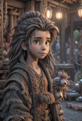 1girl,solo,long hair,looking at viewer,brown hair,black hair,hair ornament,brown eyes,jewelry,closed mouth,upper body,earrings,outdoors,belt,indoors,necklace,blurry,black eyes,lips,coat,grey eyes,fur trim,depth of field,blurry background,feathers,androgynous,freckles,lantern,nose,fantasy,hood,stuffed toy,dog