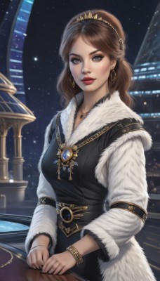 1girl,solo,long hair,breasts,looking at viewer,brown hair,long sleeves,dress,holding,brown eyes,jewelry,medium breasts,hairband,earrings,sky,belt,necklace,nail polish,black dress,bracelet,lips,coat,grey eyes,fur trim,makeup,night,tiara,lipstick,building,gem,night sky,realistic,nose,white coat,red lips,bangs,upper body,artist name,parted bangs,watermark,black nails,pendant,city