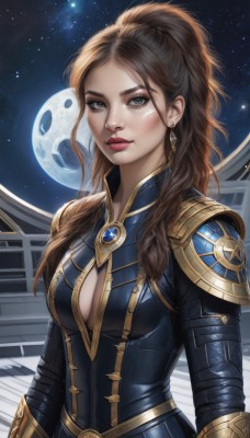 1girl,solo,long hair,breasts,looking at viewer,brown hair,cleavage,brown eyes,jewelry,medium breasts,upper body,ponytail,earrings,sky,armor,lips,clothing cutout,bodysuit,makeup,night,moon,cleavage cutout,shoulder armor,gem,star (sky),night sky,full moon,starry sky,realistic,nose,space,planet,closed mouth,outdoors,artist name,lipstick,freckles,center opening,architecture