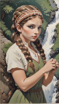 1girl,solo,long hair,breasts,looking at viewer,blue eyes,brown hair,shirt,dress,jewelry,white shirt,upper body,braid,short sleeves,outdoors,parted lips,teeth,collared shirt,artist name,water,necklace,twin braids,tree,lips,headband,watermark,own hands together,nature,hair over shoulder,freckles,green dress,rock,realistic,nose,waterfall,blush,very long hair,small breasts,hands up,sash,eyelashes,makeup,leaf,rope,red lips