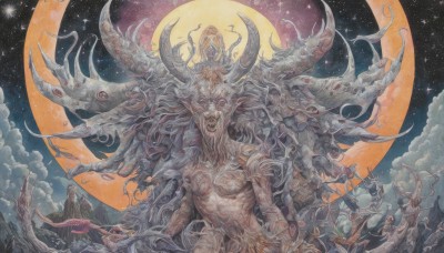 open mouth,weapon,outdoors,horns,sky,teeth,cloud,tree,no humans,night,traditional media,moon,sharp teeth,star (sky),night sky,tentacles,starry sky,monster,mountain,fantasy,crescent moon,extra arms,extra eyes,6+others,eldritch abomination,holding,holding weapon,full moon,giant,multiple others