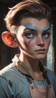 1girl,solo,looking at viewer,short hair,blue eyes,brown hair,shirt,black hair,1boy,closed mouth,upper body,male focus,pointy ears,indoors,blurry,apron,lips,torn clothes,blood,blurry background,facial mark,blue shirt,child,portrait,freckles,injury,blood on face,realistic,nose,facepaint,blood on clothes,male child,multicolored hair,collared shirt,artist name,eyelashes,scar,thick eyebrows,dirty,dirty face