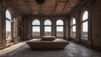 outdoors,sky,day,cloud,indoors,blue sky,no humans,window,shadow,table,sunlight,building,scenery,stairs,city,door,cityscape,architecture,pillar,wooden floor,carpet,arch