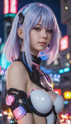 1girl,solo,breasts,looking at viewer,short hair,bangs,cleavage,bare shoulders,jewelry,medium breasts,closed mouth,blue hair,upper body,hairband,earrings,medium hair,blurry,lips,grey eyes,bodysuit,depth of field,blurry background,headgear,science fiction,realistic,nose,cyborg,cyberpunk,grey hair,sidelocks,outdoors,from side,night,turtleneck,revealing clothes