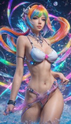 1girl,solo,long hair,breasts,looking at viewer,bangs,blue eyes,blonde hair,large breasts,navel,cleavage,jewelry,medium breasts,blue hair,standing,swimsuit,pink hair,bikini,multicolored hair,cowboy shot,hairband,parted lips,water,bracelet,lips,detached collar,watermark,white bikini,realistic,nose,rainbow hair,hair ornament,twintails,very long hair,ponytail,orange hair,planet