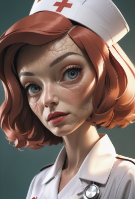 1girl,solo,looking at viewer,short hair,simple background,brown hair,shirt,hat,green eyes,white shirt,red hair,parted lips,lips,grey eyes,eyelashes,makeup,portrait,freckles,veins,green background,realistic,nose,nurse cap,red lips,nurse,stethoscope,red cross,upper body,watermark,expressionless,watch