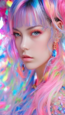 1girl,solo,long hair,looking at viewer,bangs,blue eyes,hair ornament,jewelry,blue hair,pink hair,multicolored hair,earrings,parted lips,teeth,blunt bangs,blurry,black eyes,lips,grey eyes,eyelashes,gradient hair,makeup,portrait,eyeshadow,realistic,nose,eyeliner,colorful,mascara,expressionless,piercing,gem,close-up