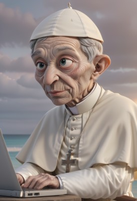 1girl,solo,smile,blue eyes,long sleeves,1boy,hat,jewelry,closed mouth,upper body,white hair,grey hair,male focus,outdoors,sky,cloud,necklace,capelet,ocean,white headwear,cloudy sky,cross,realistic,computer,cross necklace,old,old man,laptop,old woman,wrinkled skin,lips,nose,priest