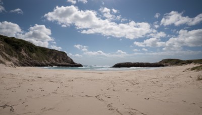 outdoors,sky,day,cloud,signature,water,blue sky,no humans,ocean,beach,cloudy sky,grass,scenery,rock,mountain,sand,horizon,landscape,shore,nature