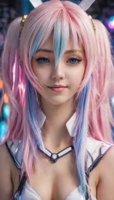 1girl,solo,long hair,breasts,looking at viewer,smile,bangs,blue eyes,animal ears,cleavage,hair between eyes,bare shoulders,twintails,medium breasts,closed mouth,blue hair,upper body,pink hair,multicolored hair,small breasts,sleeveless,rabbit ears,blurry,two-tone hair,two side up,lips,streaked hair,eyelashes,makeup,blurry background,realistic,nose,hair ornament,white hair,gradient hair,portrait,close-up