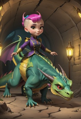 1girl,solo,breasts,looking at viewer,smile,short hair,red eyes,long sleeves,brown eyes,jewelry,closed mouth,tail,full body,yellow eyes,pink hair,earrings,wings,horns,teeth,signature,lips,claws,epaulettes,dragon girl,lantern,dragon,stud earrings,scales,riding,purple jacket,very short hair,mohawk,jacket,orange eyes