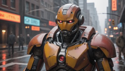 red eyes,1boy,upper body,male focus,outdoors,multiple boys,solo focus,armor,blurry,blurry background,glowing,robot,building,mecha,glowing eyes,science fiction,rain,city,sign,police,street,lights,cyberpunk,humanoid robot,depth of field,helmet,walking,realistic,road,cable,multiple others,power armor,radio antenna