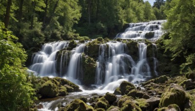 outdoors,day,water,tree,no humans,sunlight,nature,scenery,forest,rock,river,waterfall,moss,sky,landscape