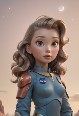 1girl,solo,long hair,breasts,looking at viewer,brown hair,brown eyes,closed mouth,upper body,small breasts,outdoors,sky,cloud,medium hair,star (symbol),armor,lips,bodysuit,wavy hair,moon,star (sky),freckles,curly hair,nose,emblem,crescent moon,superhero,blush,eyelashes,makeup,realistic