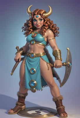 1girl,solo,long hair,breasts,looking at viewer,smile,blue eyes,brown hair,navel,holding,bare shoulders,jewelry,medium breasts,green eyes,standing,tail,full body,weapon,thighs,boots,horns,midriff,dark skin,holding weapon,bracelet,dark-skinned female,lips,crop top,makeup,muscular,toes,blue background,abs,sandals,thick eyebrows,lipstick,gem,pelvic curtain,armlet,eyeshadow,dual wielding,curly hair,toned,muscular female,horn ornament,fake horns,bracer,axe,forehead jewel,toeless footwear,blush,sword,fur trim,watermark,facial mark,freckles