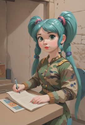 1girl,solo,long hair,breasts,looking at viewer,blush,bangs,hair ornament,long sleeves,holding,twintails,sitting,very long hair,closed mouth,green eyes,blue hair,jacket,green hair,belt,indoors,nail polish,uniform,lips,book,military,aqua hair,military uniform,makeup,chair,table,thick eyebrows,red nails,desk,paper,hair tie,pen,pencil,camouflage,notebook,drawing,nose,wall,military jacket,holding pencil,camouflage jacket