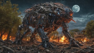 outdoors,sky,cloud,tree,no humans,night,glowing,moon,fire,robot,building,star (sky),nature,night sky,mecha,glowing eyes,claws,full moon,forest,smoke,starry sky,science fiction,realistic,ruins,damaged,non-humanoid robot,solo,weapon,ground vehicle