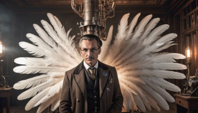 solo,looking at viewer,shirt,black hair,1boy,jacket,white shirt,upper body,male focus,wings,necktie,collared shirt,indoors,black eyes,vest,black jacket,facial hair,formal,suit,feathers,crown,feathered wings,angel wings,brown jacket,mustache,lamp,candle,badge,monocle,glasses,coat,black necktie,black vest,hair slicked back,gears,black suit,chandelier,steampunk