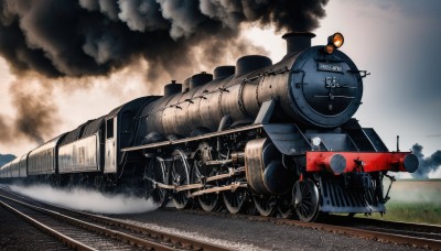 weapon,outdoors,sky,day,cloud,tree,military,no humans,grass,ground vehicle,scenery,motor vehicle,smoke,military vehicle,tank,vehicle focus,machine gun,train,caterpillar tracks,world war ii,railroad tracks,cannon