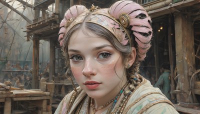 1girl,solo,long hair,looking at viewer,brown hair,hair ornament,brown eyes,jewelry,braid,grey hair,earrings,parted lips,solo focus,indoors,necklace,hair bun,black eyes,lips,grey eyes,eyelashes,portrait,freckles,realistic,nose,headdress,hairband,outdoors,multiple boys,tree,piercing,table,feathers