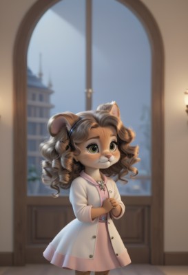 1girl,solo,long hair,blush,smile,brown hair,long sleeves,dress,holding,animal ears,brown eyes,jewelry,closed mouth,green eyes,standing,full body,hairband,open clothes,barefoot,belt,artist name,indoors,blurry,coat,window,depth of field,blurry background,drill hair,own hands together,child,pink dress,furry,curly hair,furry female,female child,clover,four-leaf clover,looking at viewer,tail,white dress