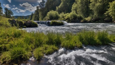 outdoors,sky,day,cloud,water,tree,blue sky,no humans,cloudy sky,grass,nature,scenery,forest,rock,mountain,river,waterfall,landscape,stream