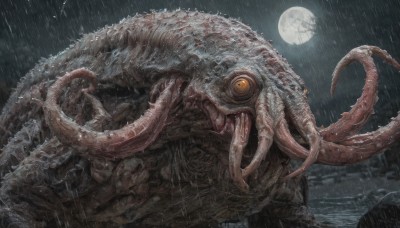 solo,open mouth,yellow eyes,outdoors,sky,teeth,water,no humans,night,moon,sharp teeth,night sky,tentacles,full moon,rain,monster,extra eyes,eldritch abomination,cloud,ocean,cloudy sky,horror (theme),kaijuu