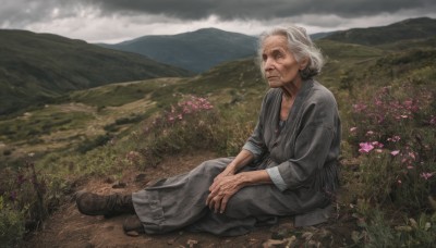 1girl,solo,long sleeves,jewelry,sitting,closed mouth,full body,flower,white hair,grey hair,boots,outdoors,sky,day,cloud,necklace,black footwear,brown footwear,cloudy sky,mountain,realistic,field,old,on ground,old man,grey sky,old woman,wrinkled skin,short hair,dress,brown eyes,pants,hair bun,single hair bun,grass,scenery,fog