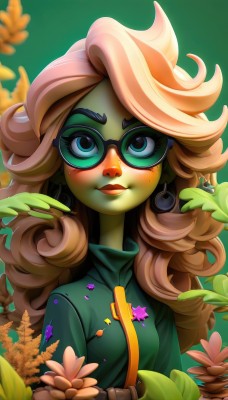 1girl,solo,long hair,looking at viewer,blush,smile,blue eyes,brown hair,jewelry,upper body,pink hair,flower,multicolored hair,earrings,glasses,belt,artist name,lips,eyelashes,makeup,colored skin,leaf,ring,thick eyebrows,plant,lipstick,goggles,buckle,eyeshadow,freckles,green background,curly hair,belt buckle,nose,green skin,blonde hair,star (symbol),black-framed eyewear