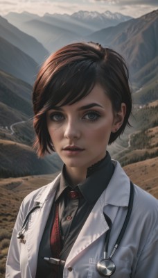 1girl,solo,looking at viewer,short hair,bangs,brown hair,shirt,black hair,jewelry,jacket,upper body,earrings,outdoors,parted lips,necktie,day,collared shirt,black eyes,lips,grey eyes,black shirt,swept bangs,piercing,red necktie,freckles,mountain,realistic,nose,labcoat,stud earrings,stethoscope,coat,eyelashes,makeup,thick eyebrows,lace,white coat,badge