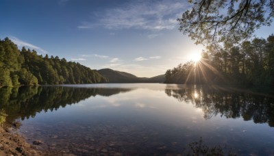 outdoors,sky,day,cloud,water,tree,blue sky,no humans,sunlight,cloudy sky,nature,scenery,forest,reflection,sunset,light rays,mountain,sun,horizon,river,landscape,lake,sunrise,lens flare,reflective water