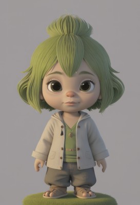 1girl,solo,looking at viewer,short hair,bangs,simple background,shirt,long sleeves,brown eyes,jewelry,closed mouth,green eyes,standing,jacket,full body,green hair,open clothes,pants,hood,grey background,necklace,hair bun,chibi,black eyes,open jacket,buttons,sandals,white jacket,grass,child,green shirt,arms at sides,female child,white background,lips,no humans,single hair bun,realistic