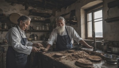 shirt,long sleeves,holding,standing,white shirt,white hair,grey hair,male focus,food,multiple boys,day,indoors,2boys,looking at another,apron,window,facial hair,knife,beard,sleeves rolled up,realistic,mustache,holding knife,old,old man,cooking,kitchen,kitchen knife,wrinkled skin,cutting board,black hair,glasses,collared shirt,scar,scar on face,manly,jar