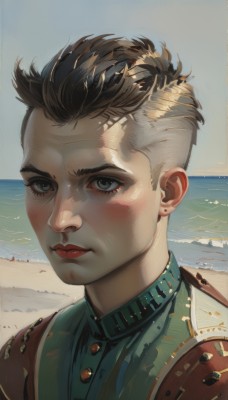 solo,looking at viewer,blush,short hair,blue eyes,brown hair,shirt,1boy,jewelry,closed mouth,upper body,male focus,multicolored hair,earrings,outdoors,sky,day,water,armor,lips,grey eyes,ocean,beach,portrait,freckles,realistic,nose,green shirt,sand,red lips,stud earrings,undercut,1girl,eyelashes,bird,very short hair